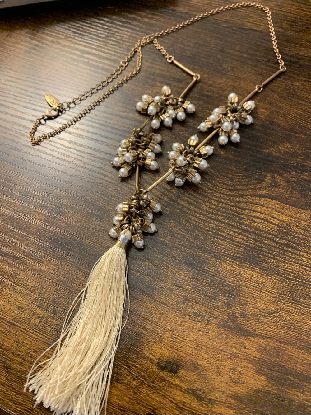 Plunder Gold Tone Pearl Cluster Necklace with Cream Tassel